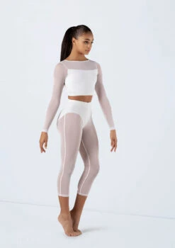 Weissman Long Sleeve Crop Top With Mesh -dance costume SM13070 white SM12238 white 8234 62448.1698840530