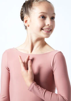 Move Dance Teen Camille Long Sleeve Leotard -dance costume mol5801 pnk close up front 1 24155.1678884473