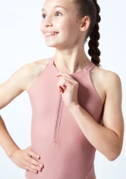 Move Dance Teen Annabelle Zip Up Leotard -dance costume mol5818 pnk close up front 1 12449.1678884491
