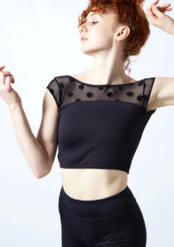 Move Dance Joelle Cap Sleeve Crop Top -dance costume moz0623 black close up front 1 56244.1692921489