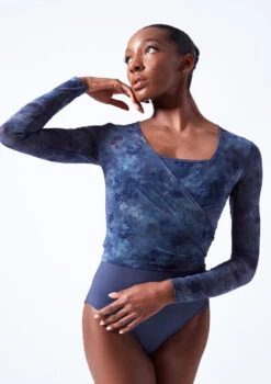 Move Dance Nayu Mesh Wrap Top -dance costume moz0627 petrol blue close up front 58134.1683070482