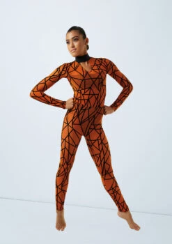 Weissman Game Of Survival -dance costume weissman flocked geometric unitard orange front 26450.1685491271