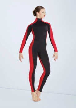 Weissman Destinations -dance costume wn mt11202 weissman two tone colourblock unitard black red front T 96576.1698840494